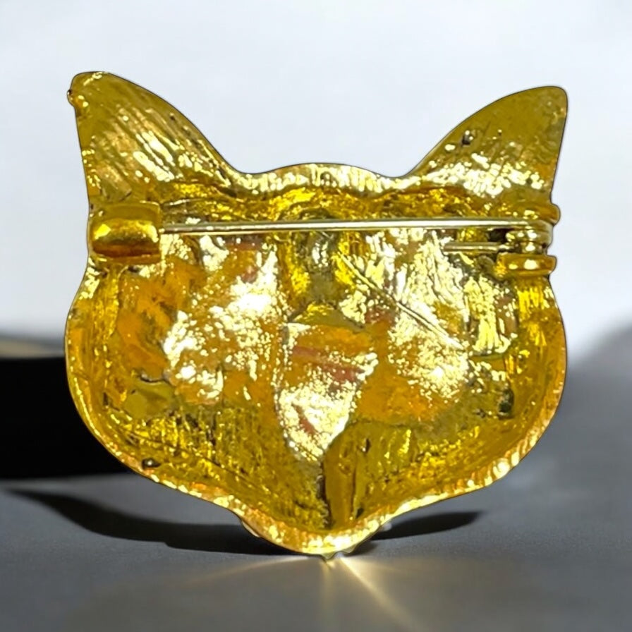 Vintage Enamel Mask Cat Gold tone Brooch With Rhinestones