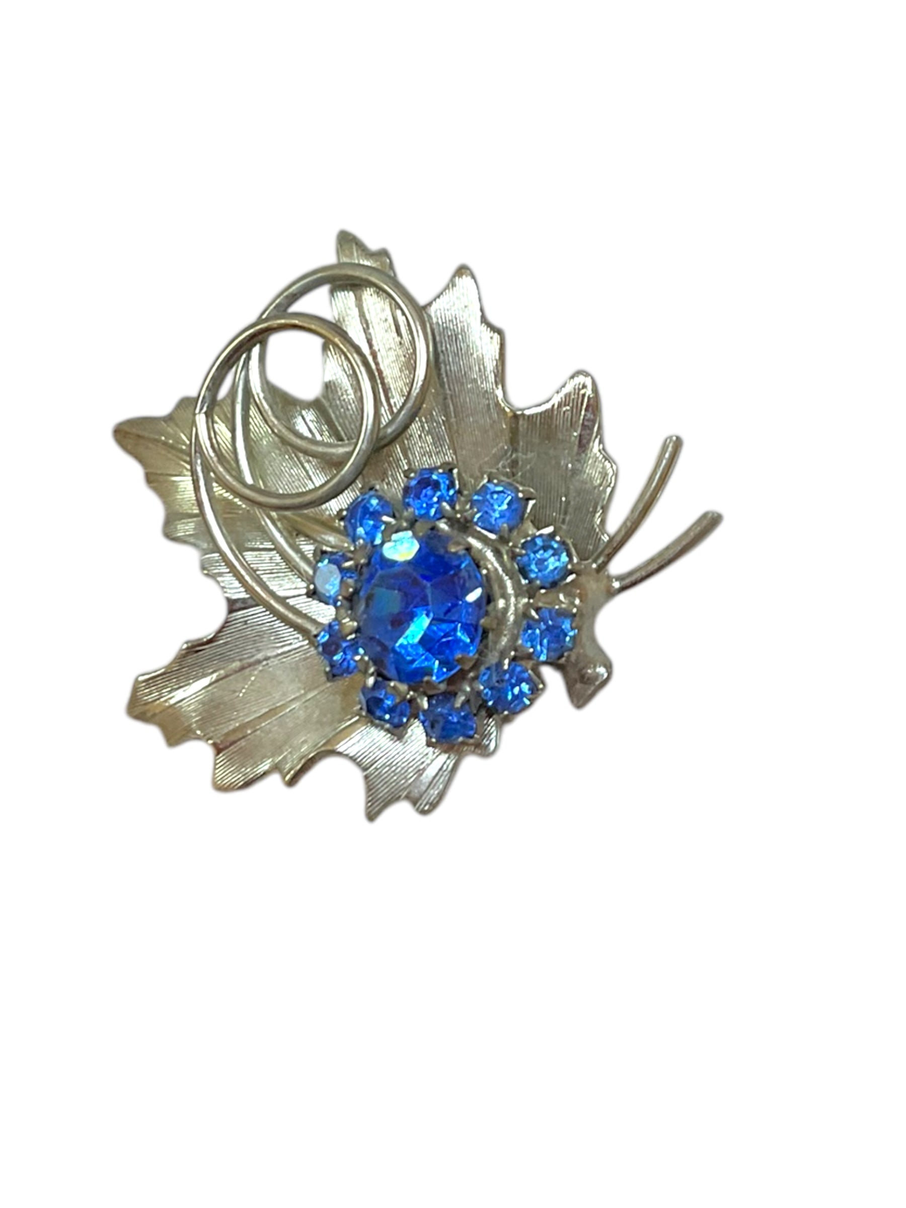 Broche Rétro Bouquet De Fleurs Avec Cristaux Et Cabochon En Verre Bleu Nacré - Modèle 4987