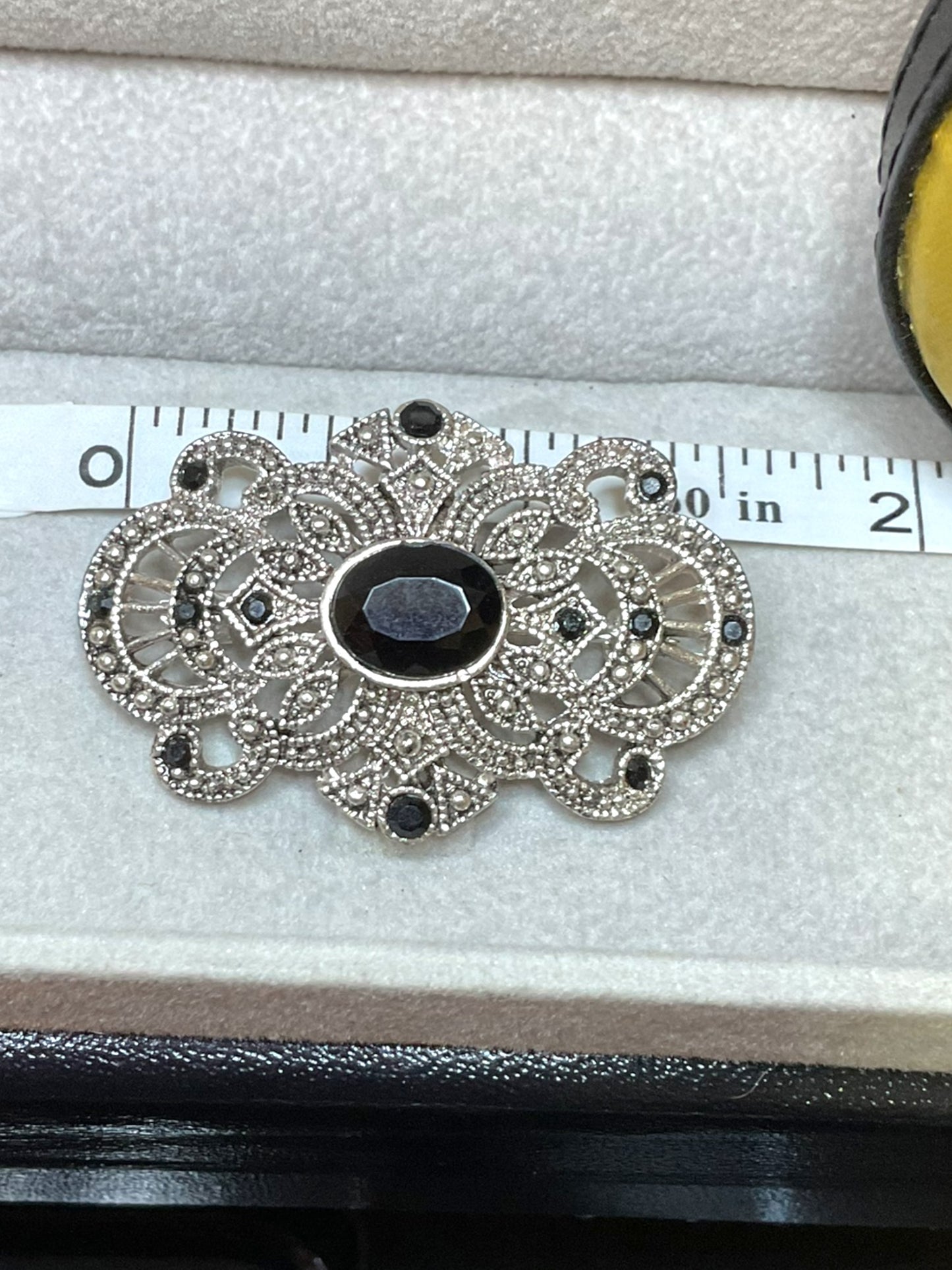 Vintage Filigree Brooch Silver Toned With Black Rhinestones