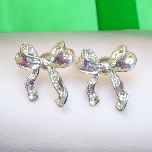 Vintage 1980s Bow Post Silver tone Post Back Earrings