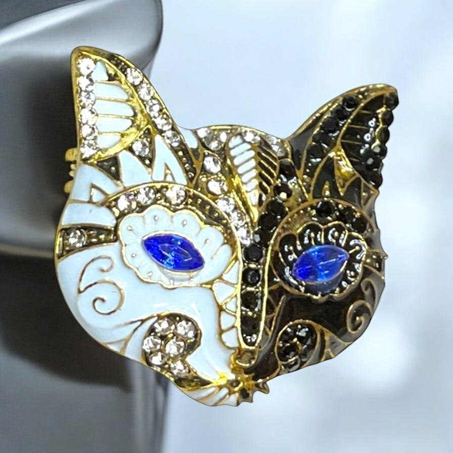 Vintage Enamel Mask Cat Gold tone Brooch With Rhinestones