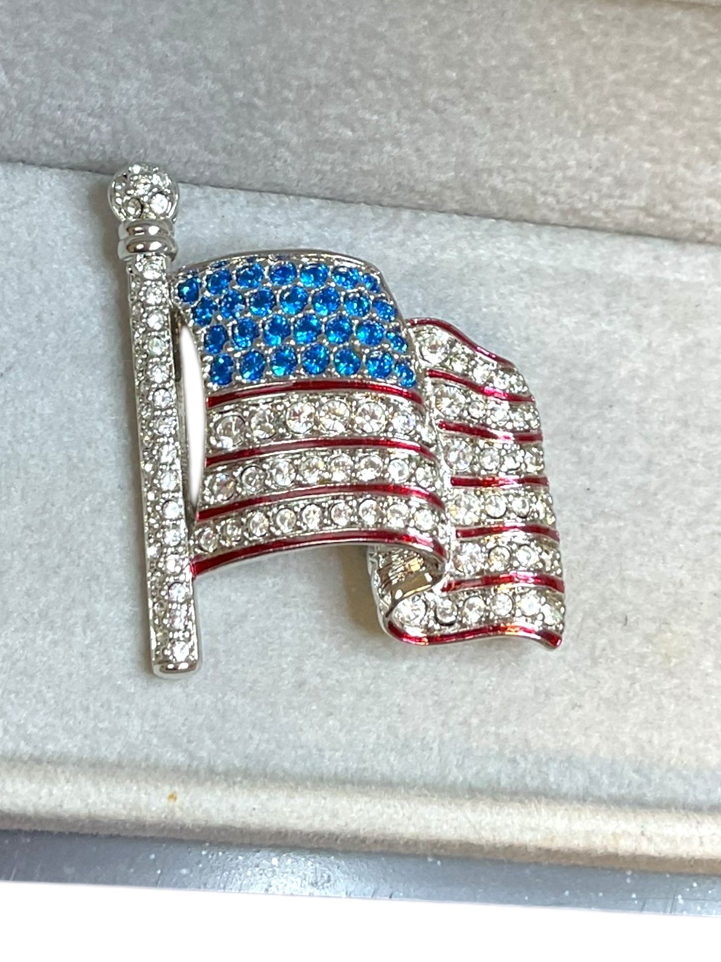 Swarovski Silver Tone Rhinestone US Flag Patriotic Brooch