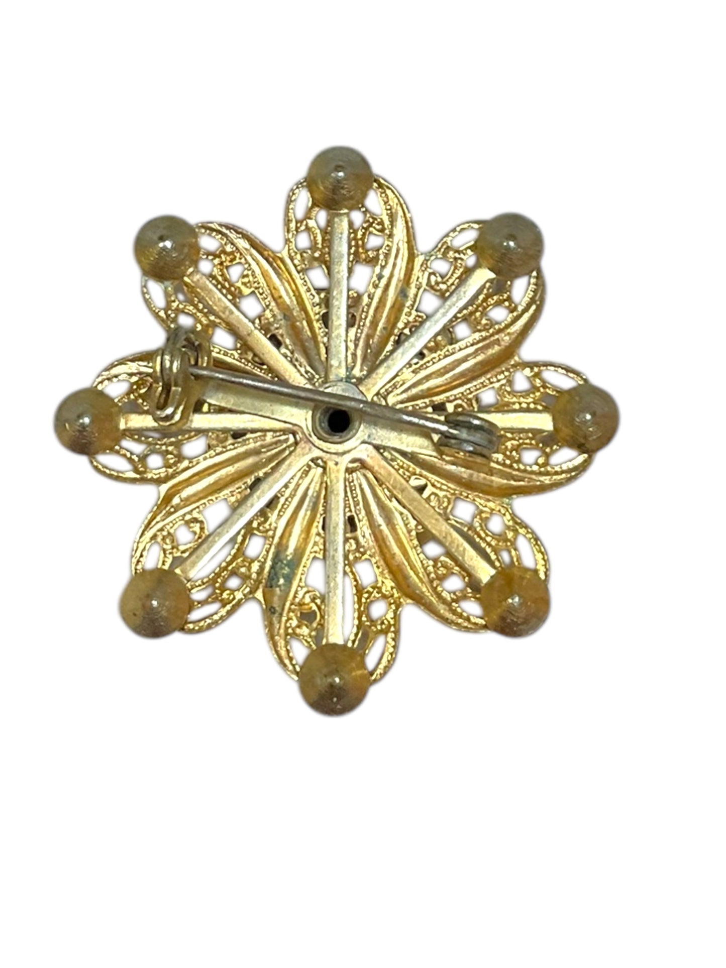 Vintage Porcelain Rhinestone Filigree Brooch Design