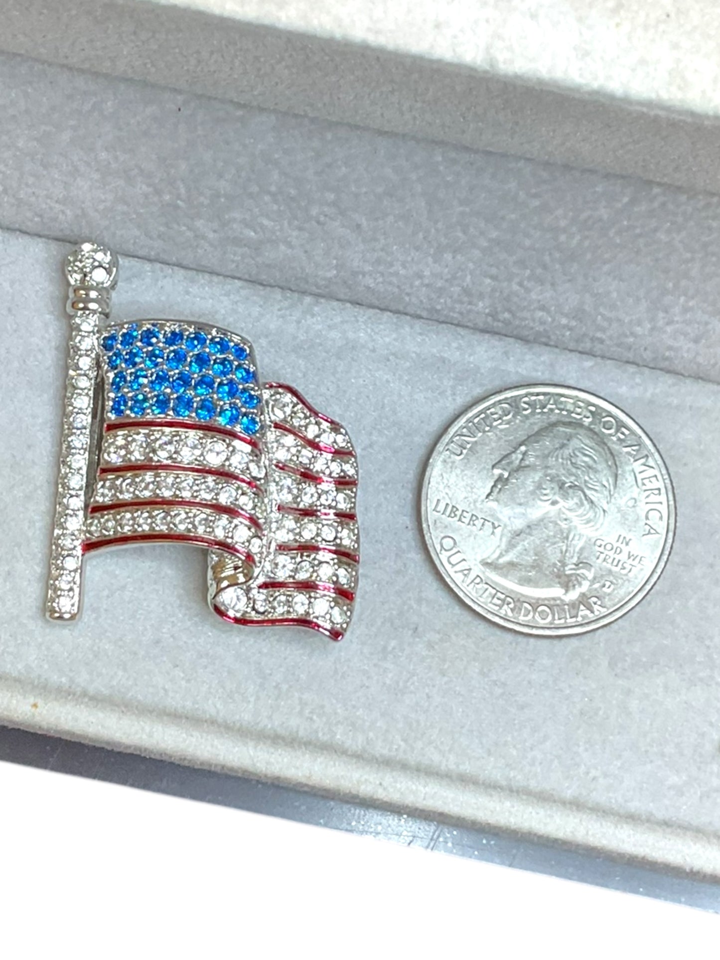 Swarovski Silver Tone Rhinestone US Flag Patriotic Brooch