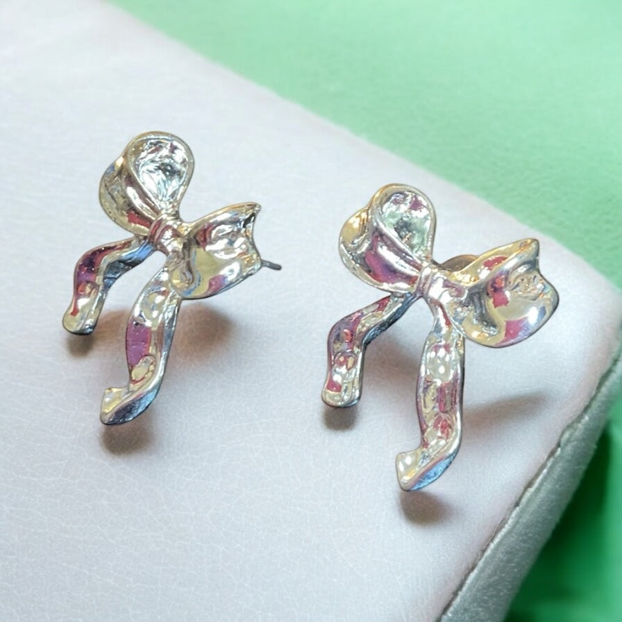 Vintage 1980s Bow Post Silver tone Post Back Earrings