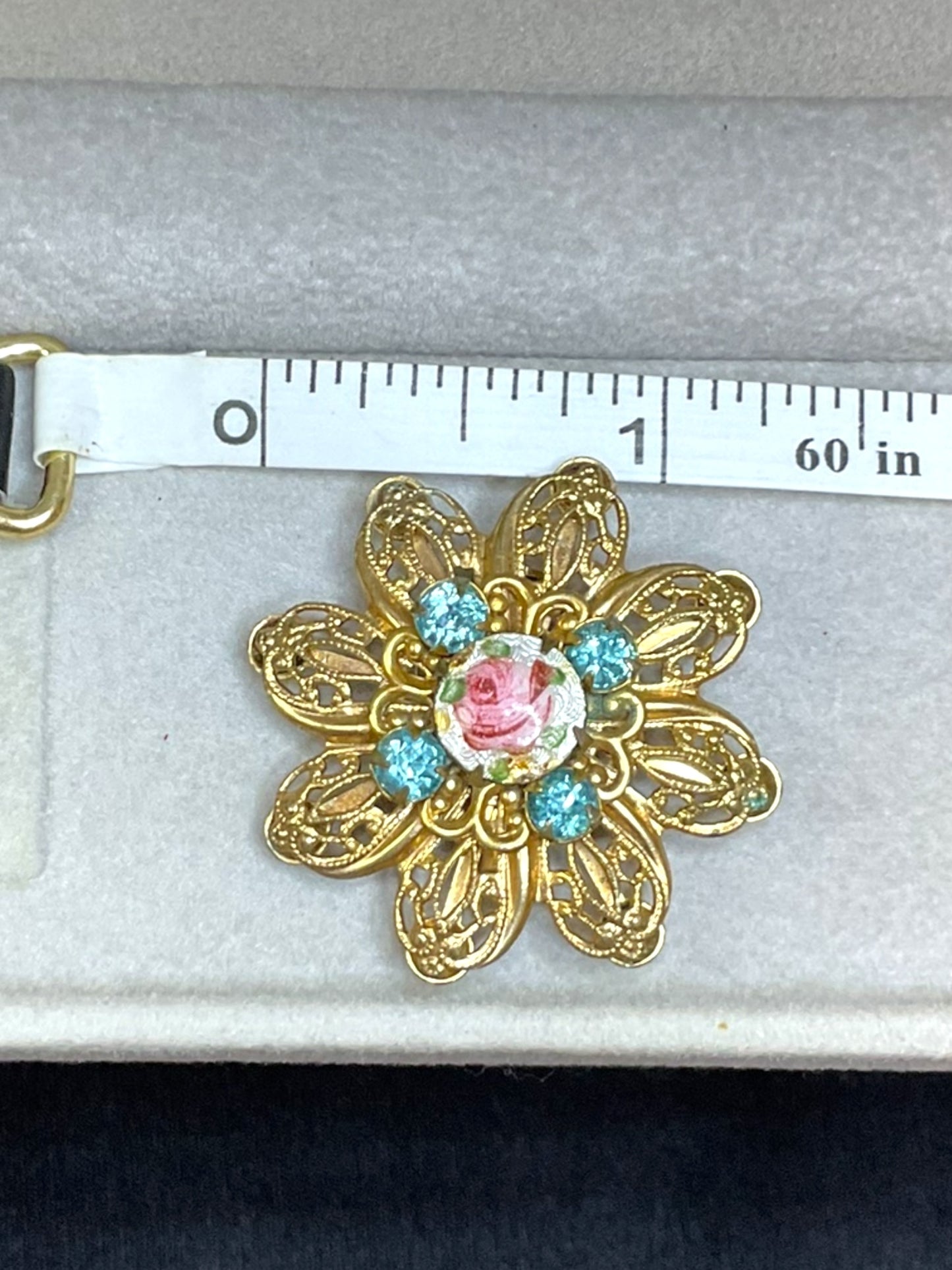 Vintage Porcelain Rhinestone Filigree Brooch Design