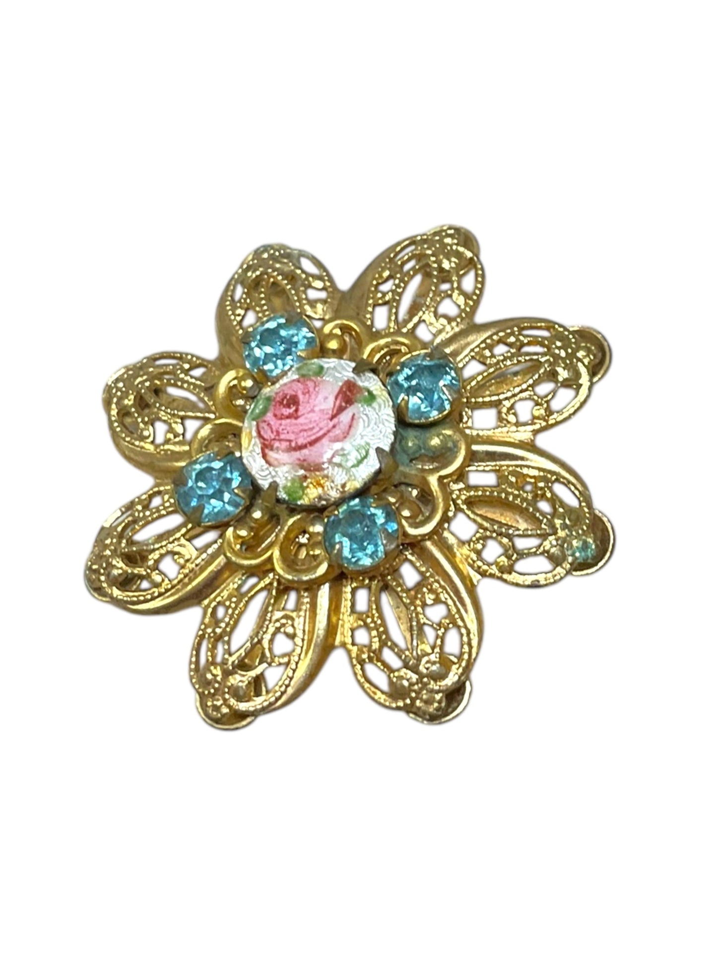 Vintage Porcelain Rhinestone Filigree Brooch Design