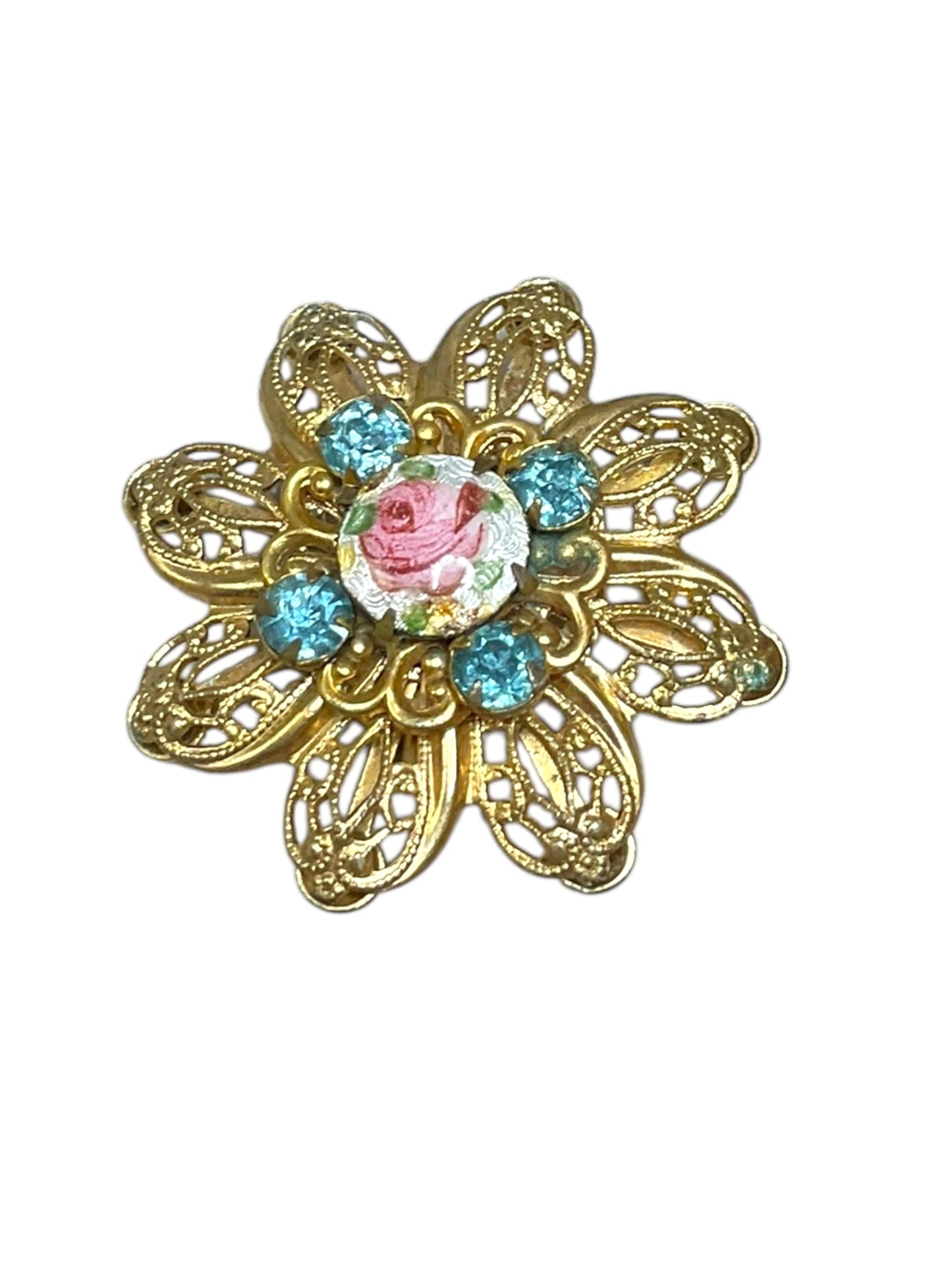 Vintage Porcelain Rhinestone Filigree Brooch Design