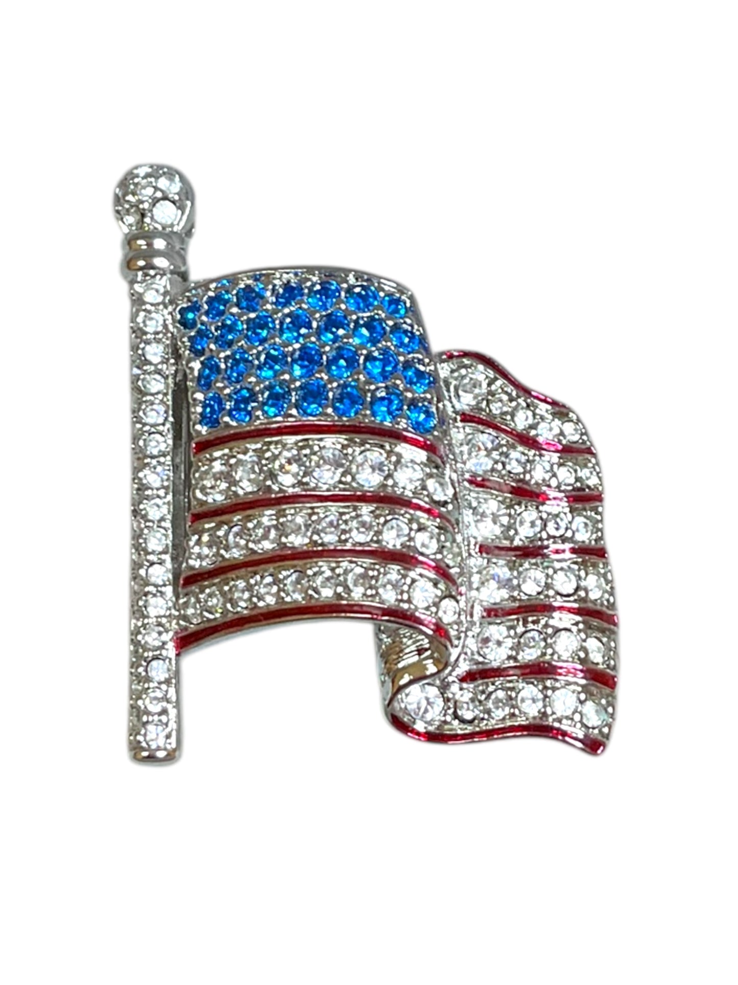 Swarovski Silver Tone Rhinestone US Flag Patriotic Brooch