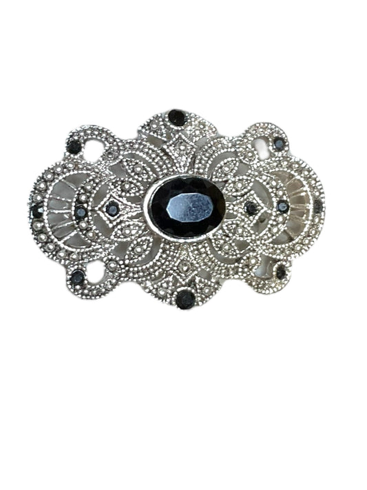 Vintage Filigree Brooch Silver Toned With Black Rhinestones