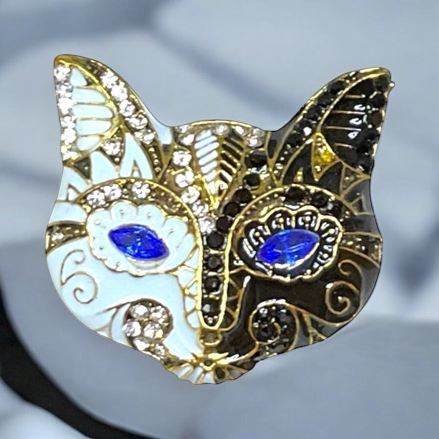 Vintage Enamel Mask Cat Gold tone Brooch With Rhinestones