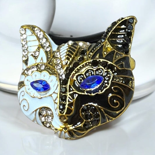 Vintage Enamel Mask Cat Gold tone Brooch With Rhinestones