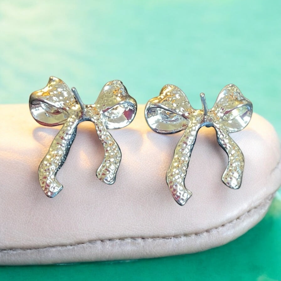 Vintage 1980s Bow Post Silver tone Post Back Earrings