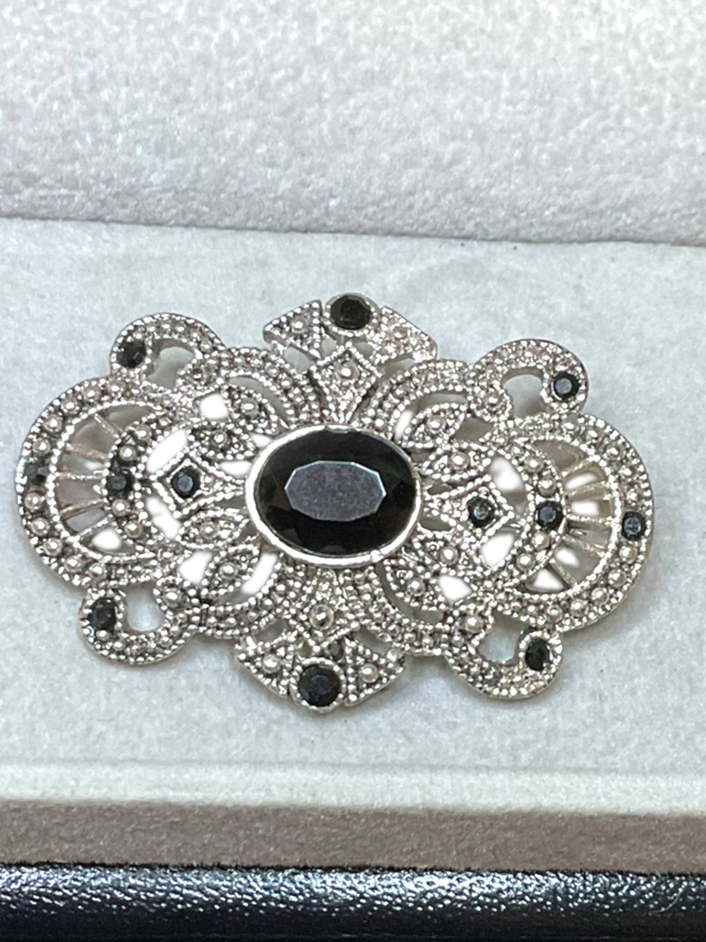 Vintage Filigree Brooch Silver Toned With Black Rhinestones