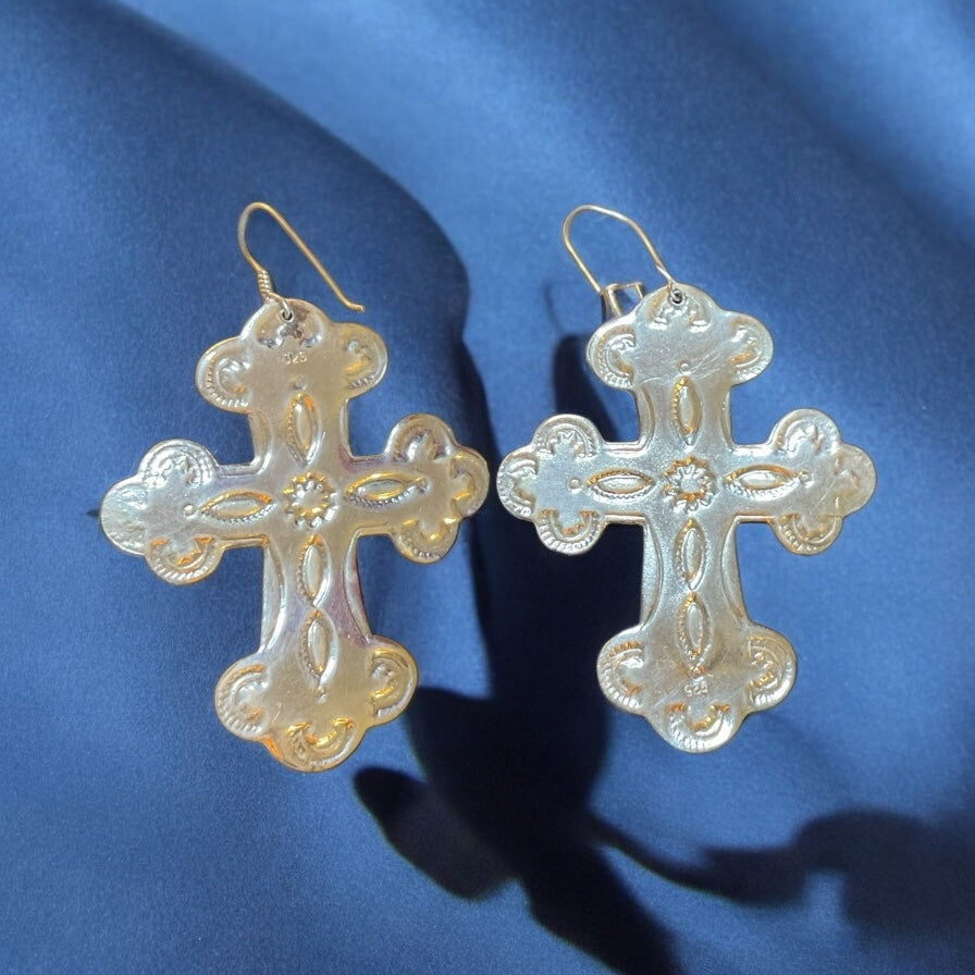 Vintage Sterling Silver 925 Southwestern Cross Dangle Earrings