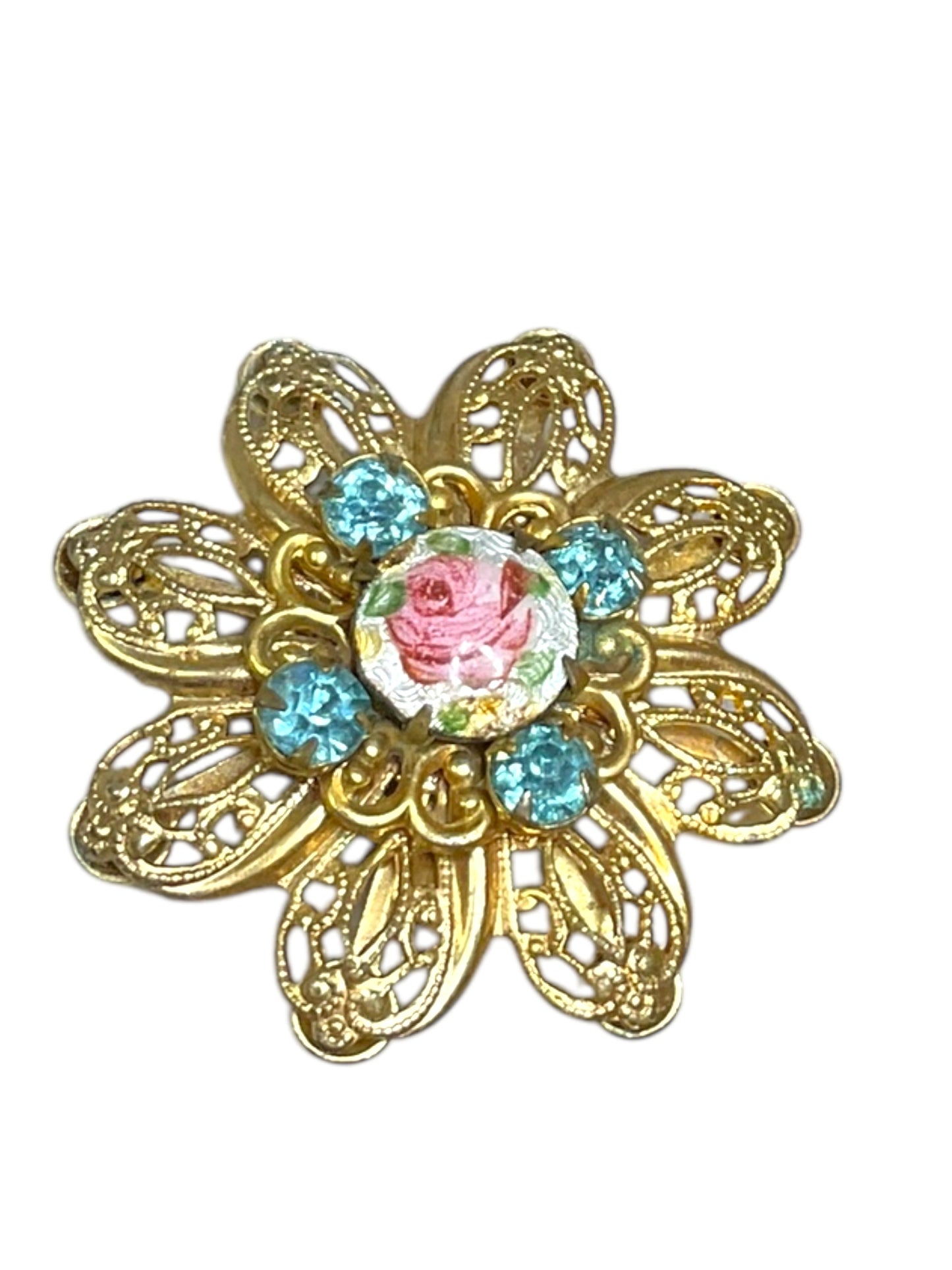 Vintage Porcelain Rhinestone Filigree Brooch Design