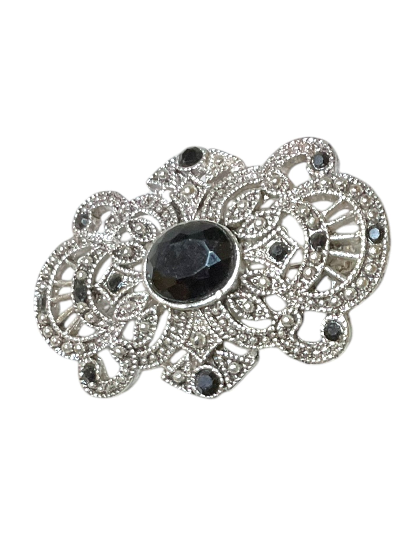 Vintage Filigree Brooch Silver Toned With Black Rhinestones