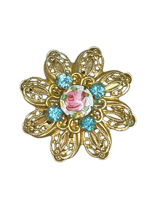 Vintage Porcelain Rhinestone Filigree Brooch Design