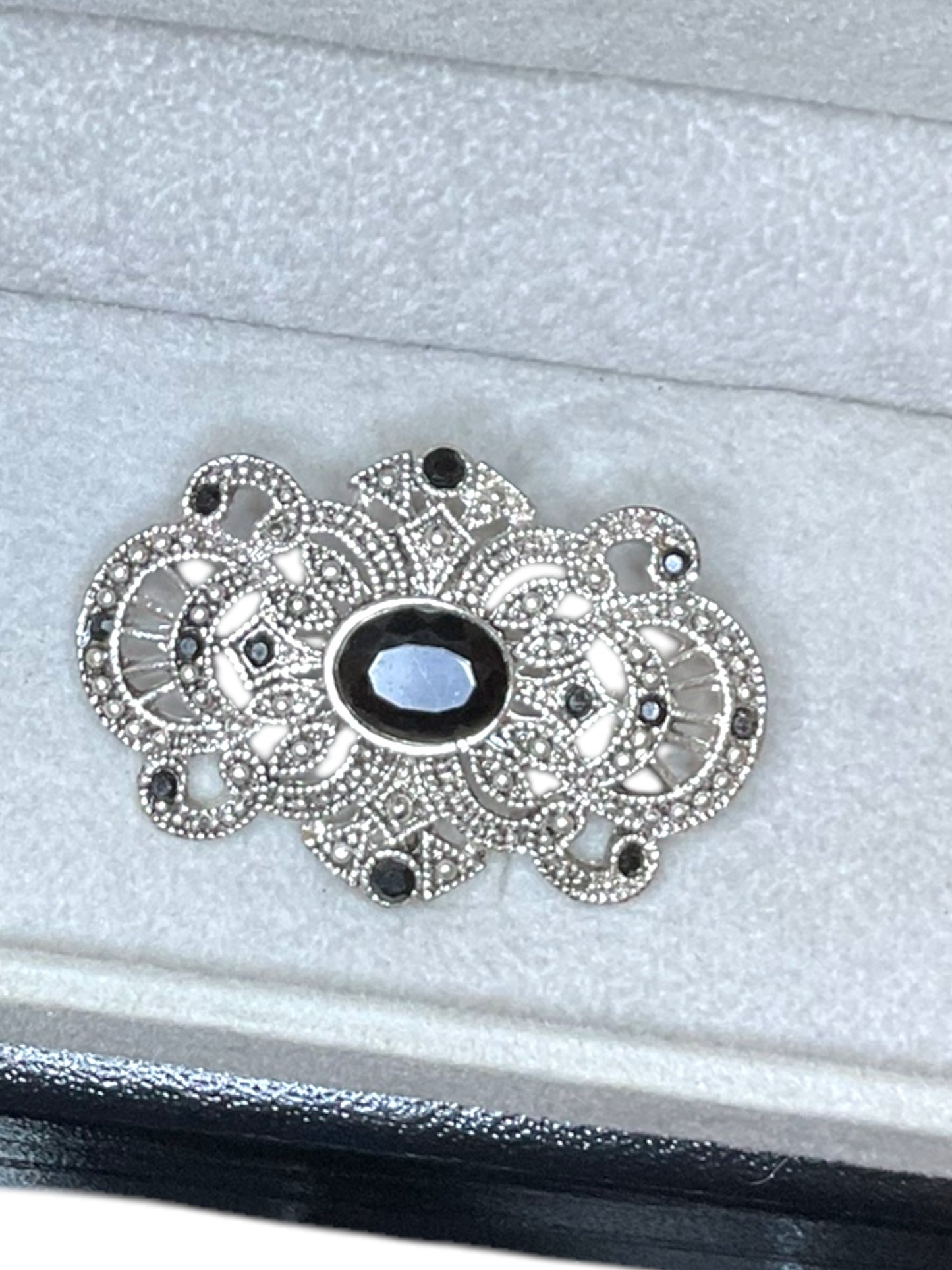 Vintage Filigree Brooch Silver Toned With Black Rhinestones