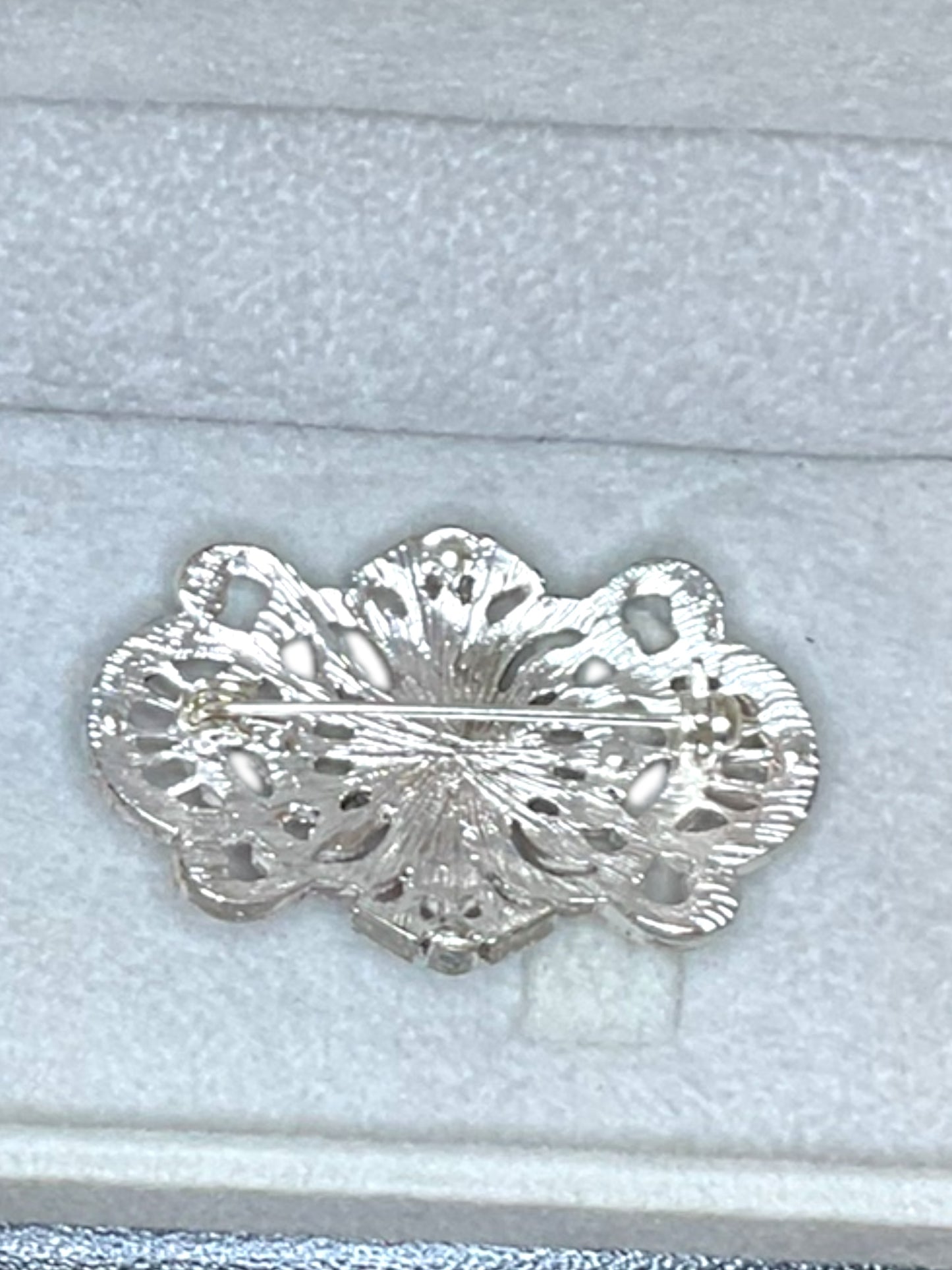Vintage Filigree Brooch Silver Toned With Black Rhinestones